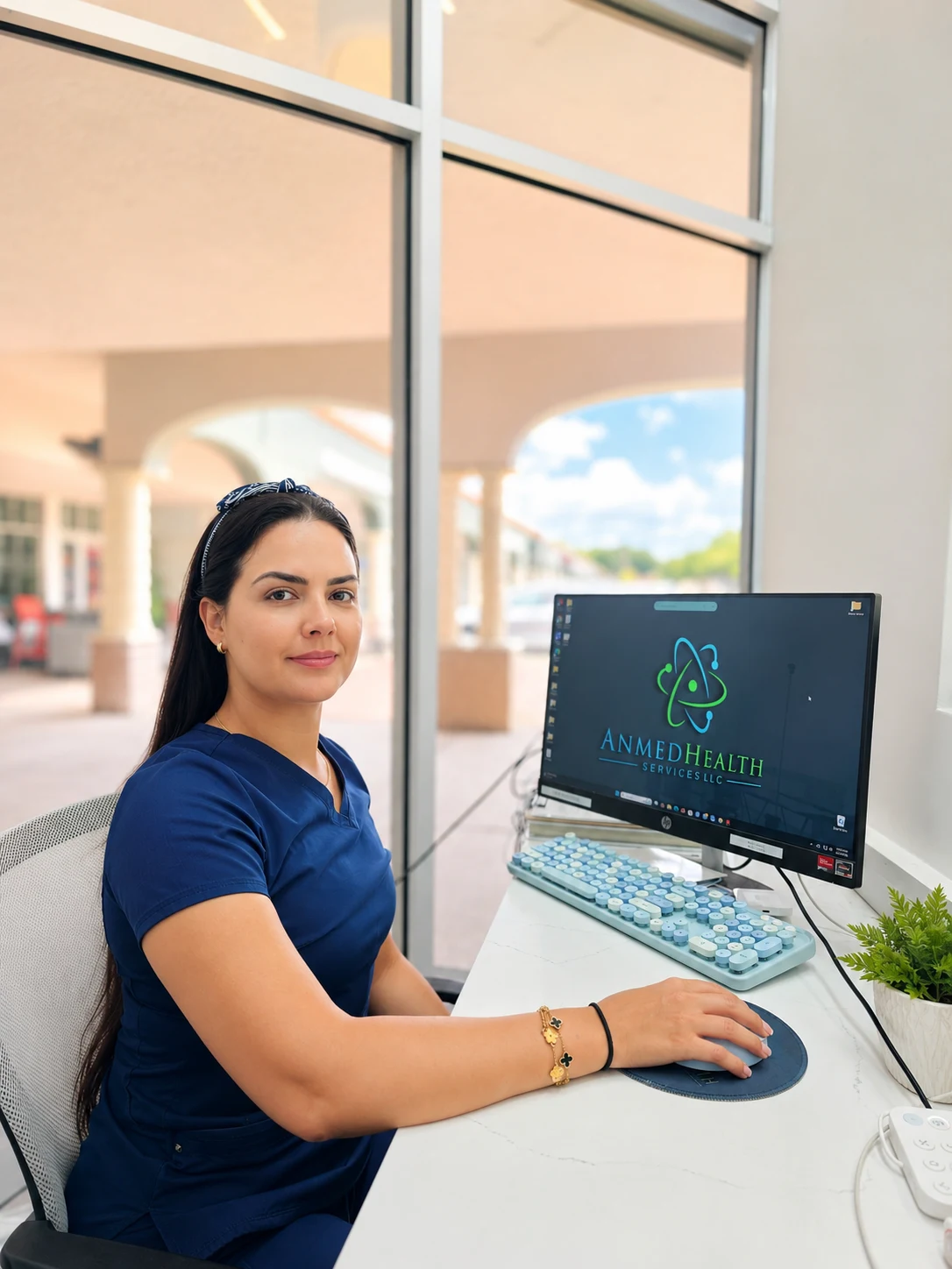 Equipo clínico de Anmed Health Services en uniforme en la clínica de Kendall, Miami, con el logo de la marca en pantalla