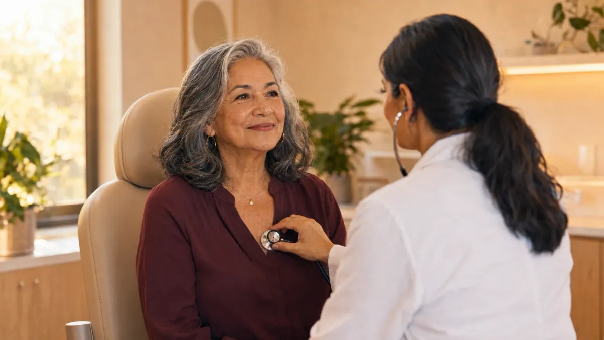 Proveedora ARNP realizando un chequeo médico general con estetoscopio a una paciente sonriente